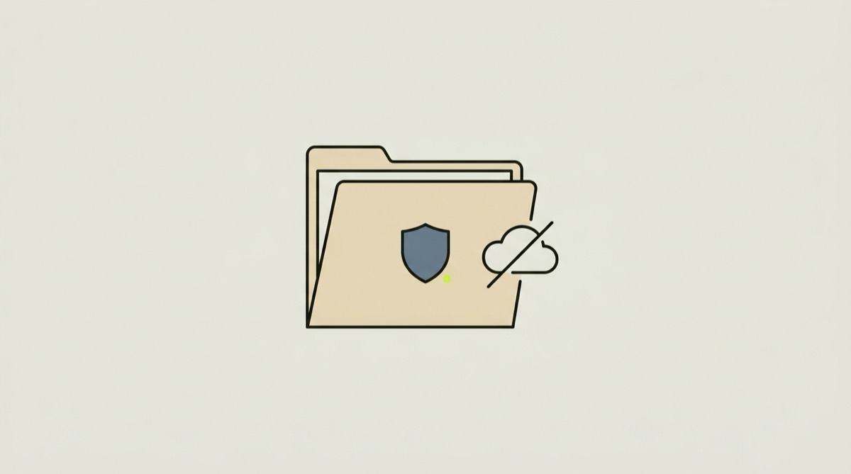Illustration: eine Datei mit Schild und durchgestrichener Cloud für den Datenschutz.