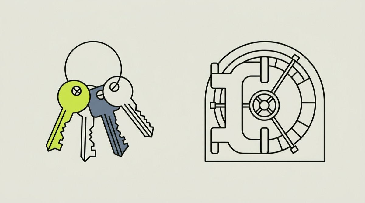 Illustration: ein Schlüsselbund an einem Tresor als Sinnbild für einen Passwort-Manager.