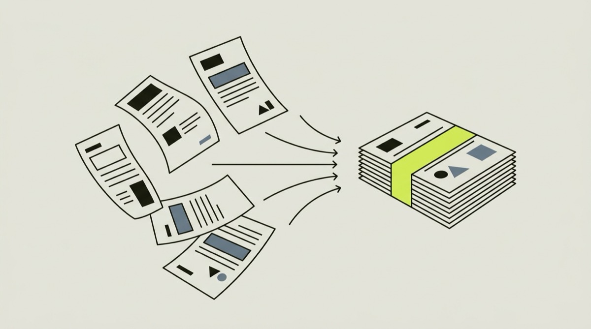 Illustration: mehrere Dokumentseiten fügen sich zu einem PDF zusammen.