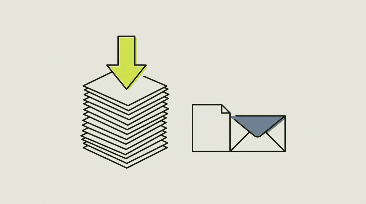 Illustration: ein Dokumentenstapel wird verkleinert und per Mail verschickt.