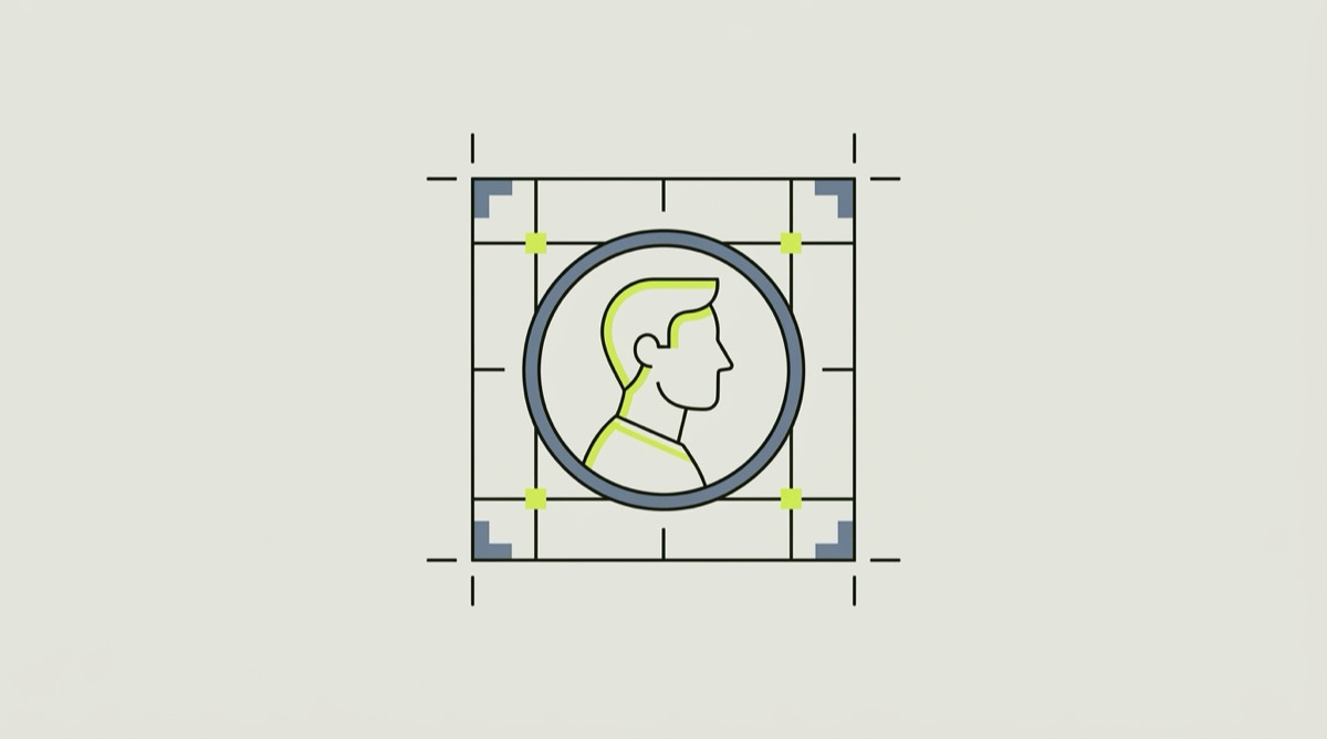 Illustration: ein rundes Profilbild mit Zuschneide-Markierungen über einem Foto.
