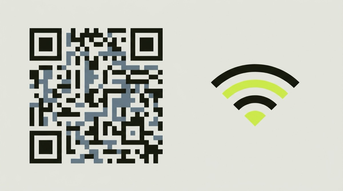 Illustration: ein QR-Code-Symbol neben einem WLAN-Zeichen.