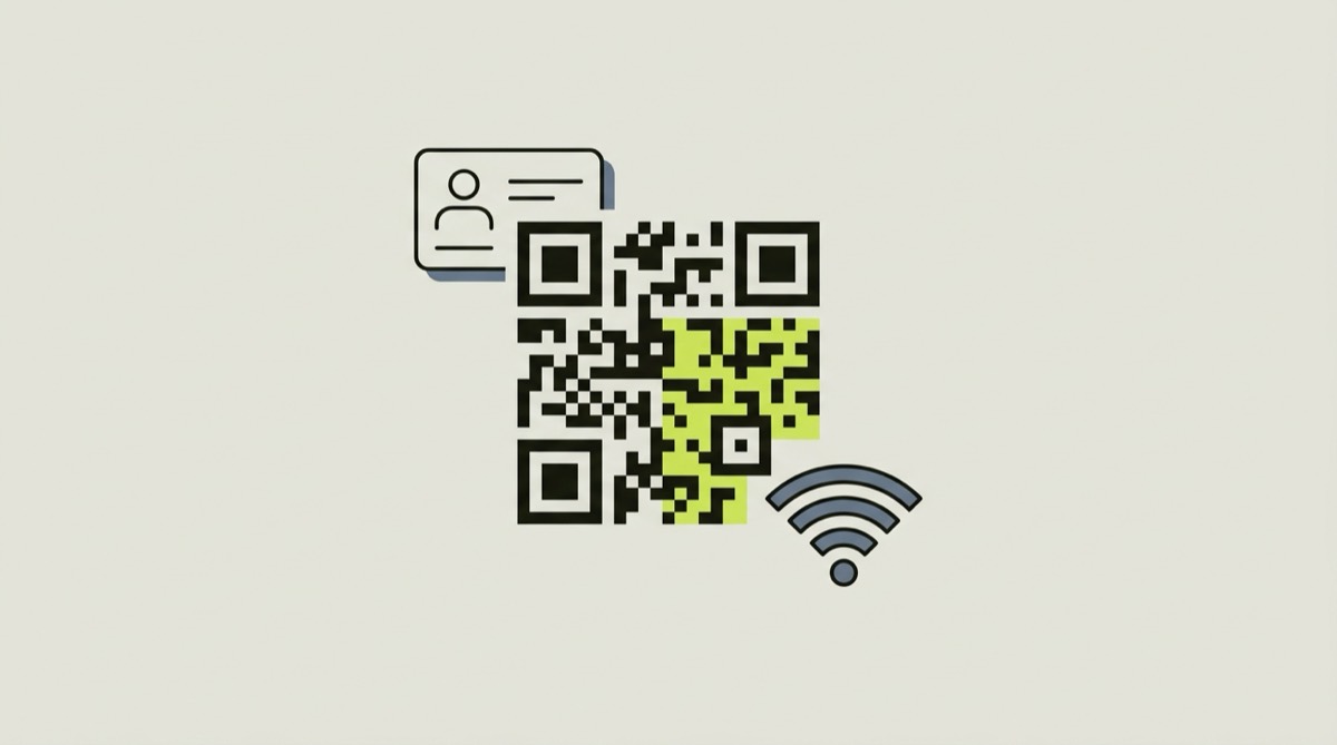 Illustration: ein QR-Code-Symbol mit Kontaktkarte und WLAN-Zeichen.