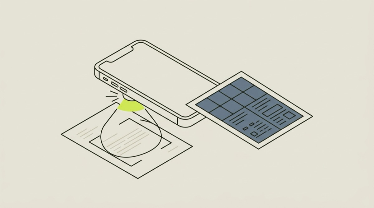 Illustration: ein Smartphone scannt ein Dokument zu einer PDF-Seite.